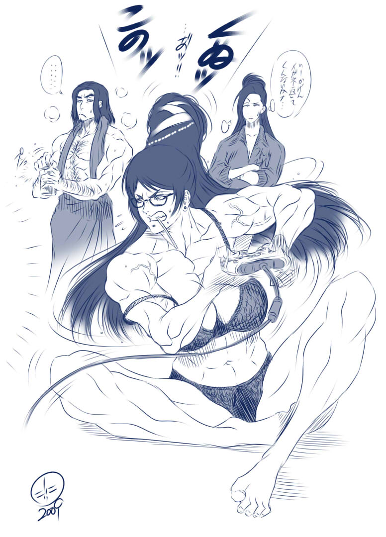 dairoku tenma, bayonetta, bayonetta (series), character request, tagme, translation request, …, 1boy, 2009, 2girls, angry, barefoot, beehive hairdo, bra, breasts, chest hair, cleavage, clenched teeth, controller, crossed arms, earrings, feet, game controller, glasses, indian style, jewelry, knee up, lingerie, long hair, looking at another, monochrome, mouth hold, multiple girls, muscular, muscular female, panties, playing games, sigh, sitting, speech bubble, spoken ellipsis, strap slip, sweatdrop, teeth, thought bubble, underwear, underwear only, veins