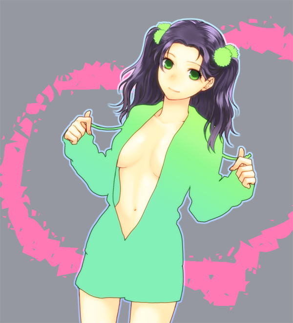 ao (sodalite), 1girl, breasts, female focus, green eyes, medium breasts, open clothes, open shirt, purple hair, shirt, solo
