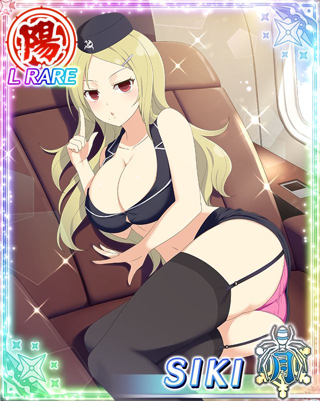 shiki (senran kagura), senran kagura, senran kagura new wave, game cg, official art, third-party source, 1girl, :o, aircraft, airplane interior, black garter straps, black thighhighs, blonde hair, border, breasts, button gap, card (medium), chair, character name, crop top, flight attendant, flight attendant hat, garter straps, hair ornament, hairclip, large breasts, long hair, looking at viewer, lying, middle part, midriff, mole, mole under mouth, navel, on chair, on side, panties, pantyshot, parted bangs, pencil skirt, pink panties, pointing, pointing up, reclining, red eyes, skirt, solo, thighhighs, travel attendant, underwear