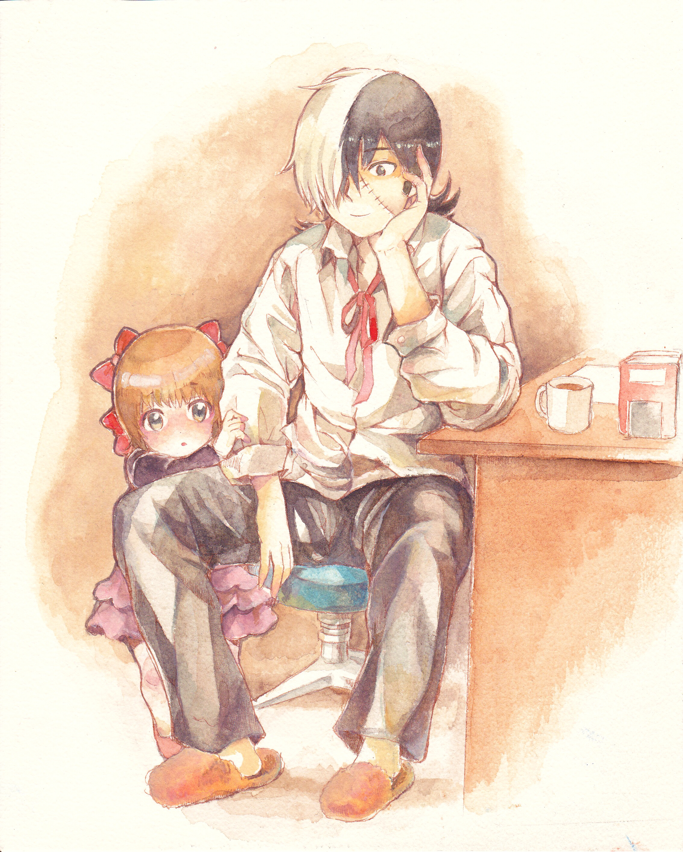 hibiki (bagawa), black jack (character), pinoko, black jack (series), absurdres, commentary request, highres, painting (medium), traditional media, watercolor (medium), 1boy, 1girl, black hair, black pants, brown hair, collared shirt, cup, long sleeves, mug, multicolored hair, pants, red ribbon, ribbon, shirt, short hair, slippers, smile, stitched face, stitches, stool, two-tone hair, white hair, white shirt