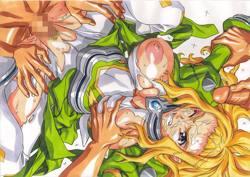 kei (bekei), haruka armitage, my-otome, 00s, angry, bodysuit, breasts, censored, cum, cum on body, facial, group sex, nipples, one eye closed, penis, puffy nipples, rape, sex, torn clothes, vaginal, wink