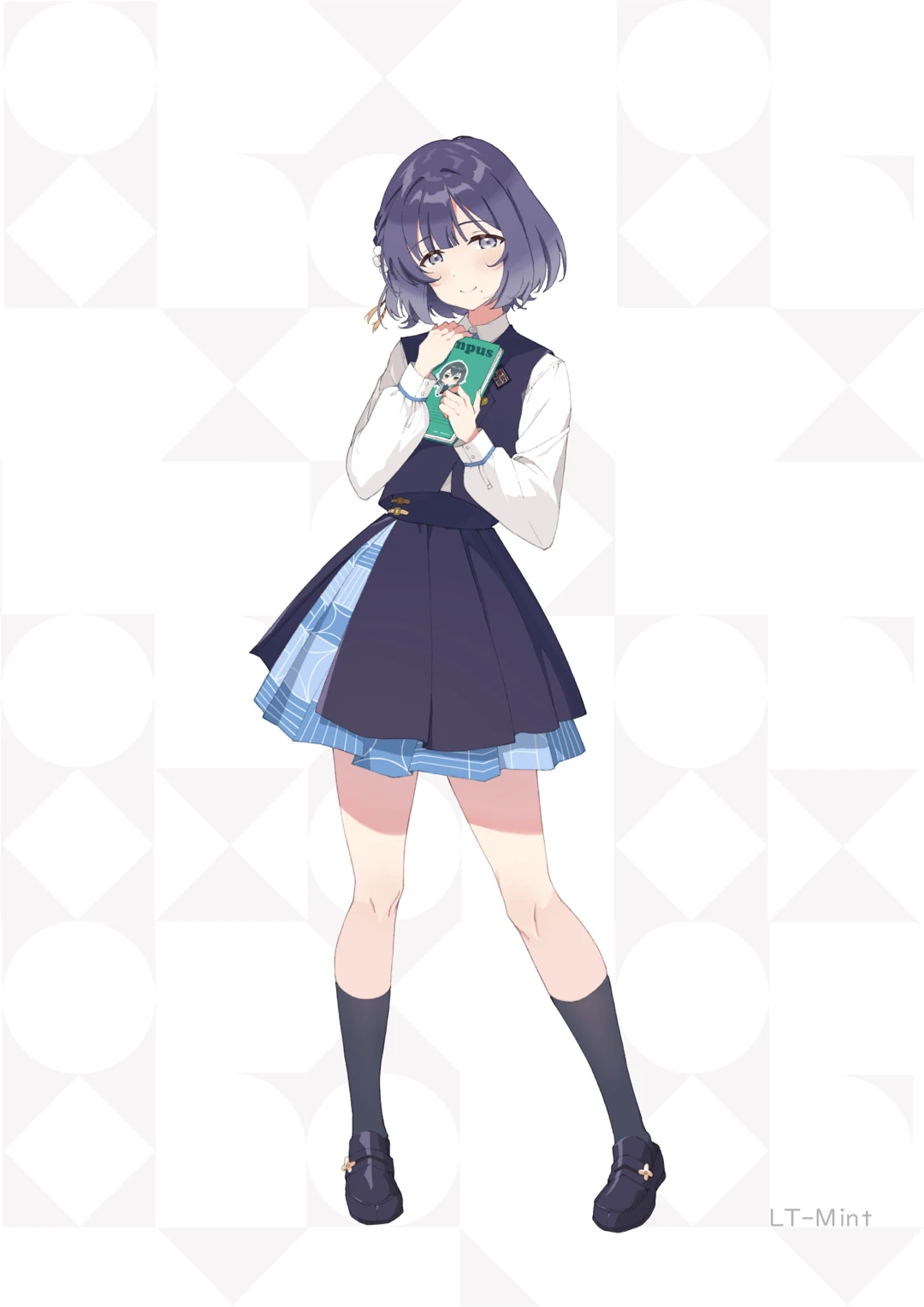 lemon tea (15058751917), hataya misuzu, gakuen idolmaster, idolmaster, chinese commentary, commentary request, highres, 1girl, artist name, black shoes, blue skirt, book, full body, holding, holding book, kneehighs, layered skirt, mole, mole under mouth, purple eyes, purple hair, school uniform, shirt, shoes, short hair, skirt, smile, socks, solo, white shirt
