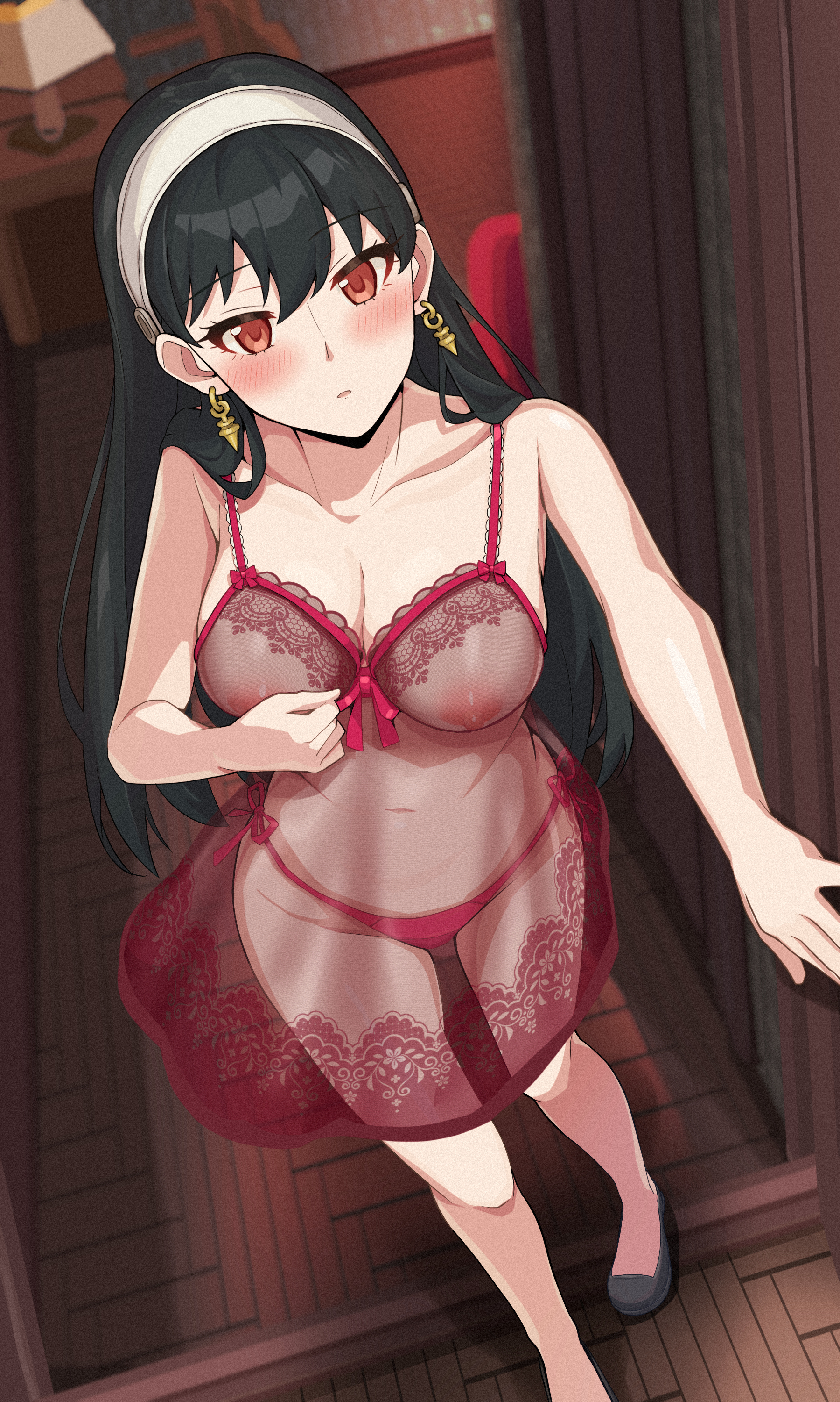 shara (syara so ju), yor briar, spy x family, absurdres, commentary request, highres, paid reward available, 1girl, black hair, blurry, blurry background, blush, breasts, earrings, hairband, indoors, jewelry, lace trim, large breasts, lingerie, long hair, looking at viewer, navel, negligee, nipples, panties, parted lips, red panties, see-through clothes, side-tie panties, solo, stomach, underwear, white hairband