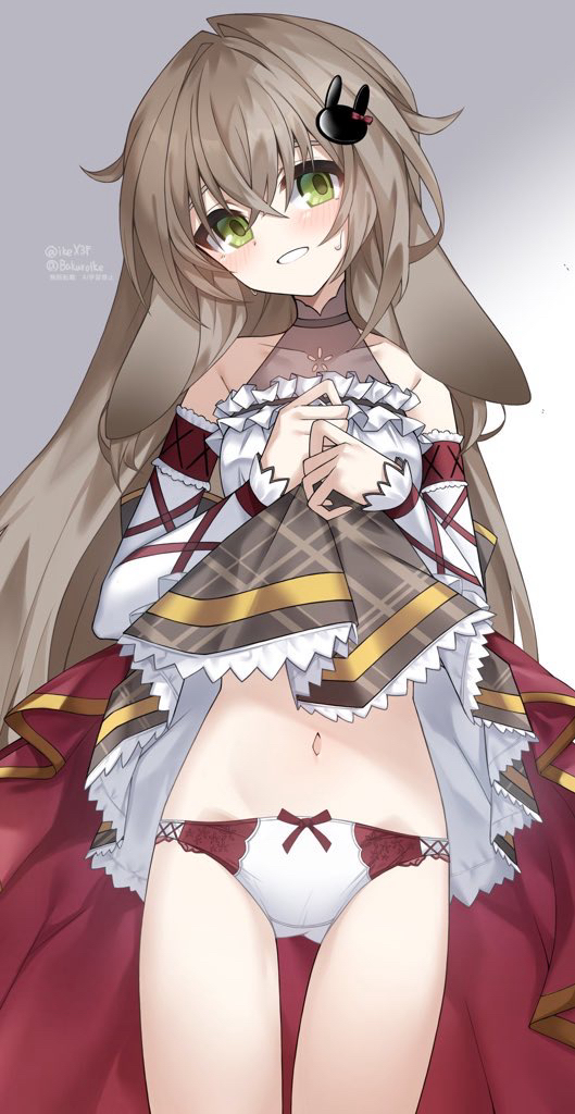 original, commentary request, 1girl, animal ears, blush, brown hair, clothes lift, dress, dress lift, embarrassed, eyebrows hidden by hair, gluteal fold, green eyes, grey background, hair between eyes, hair ornament, ikex3f, lifting own clothes, long hair, looking at viewer, navel, open mouth, panties, rabbit ears, rabbit hair ornament, simple background, solo, stomach, sweatdrop, underwear, white panties