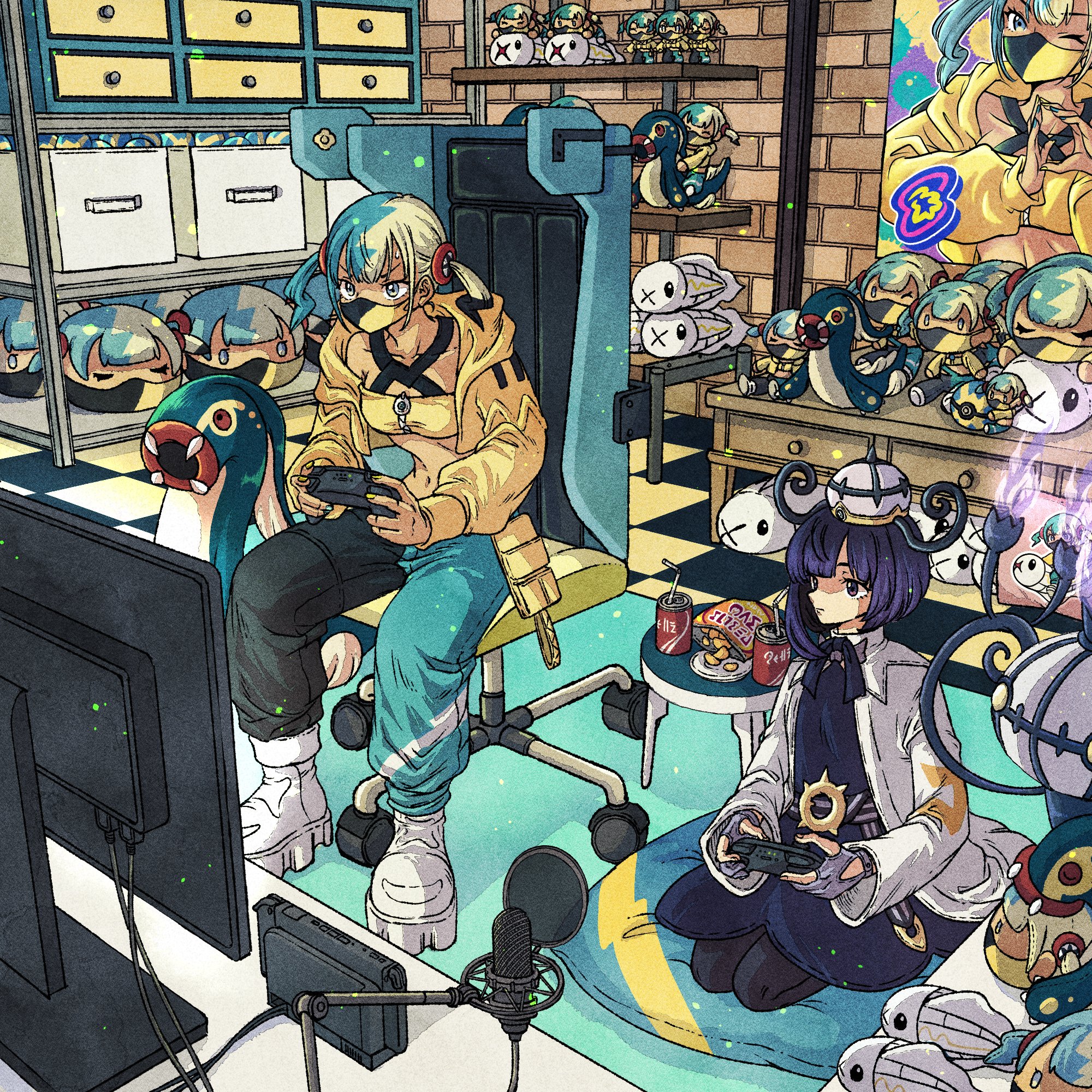 toriga, canari (pokemon), chandelure, eelektross, gwynn (pokemon), tynamo, nintendo, pokemon, pokemon legends: z-a, bad id, bad twitter id, commentary request, highres, 2girls, aqua hair, aqua pants, bag of chips, bandeau, belt, black dress, black hair, black pants, black pantyhose, blonde hair, blue nails, blunt bangs, bob cut, brick wall, can, canari plush (pokemon), chair, character doll, chips (food), closed mouth, coat, controller, cropped jacket, cushion, dark-skinned female, dark skin, doll, dress, drink can, drinking straw, food, full body, game controller, gen 5 pokemon, gloves, hat, holding, holding controller, holding game controller, indoors, jacket, long sleeves, mask, microphone, mouth mask, multicolored hair, multicolored nails, multiple girls, navel, nintendo switch 2, o-ring, o-ring belt, on chair, on cushion, open clothes, open coat, open jacket, pants, pantyhose, partially fingerless gloves, pokemon (creature), poster (object), potato chips, purple eyes, purple gloves, purple hair, seiza, shoes, short hair, sitting, soda can, split-color clothes, split-color hair, table, twintails, two-tone nails, white coat, white shoes, yellow bandeau, yellow nails