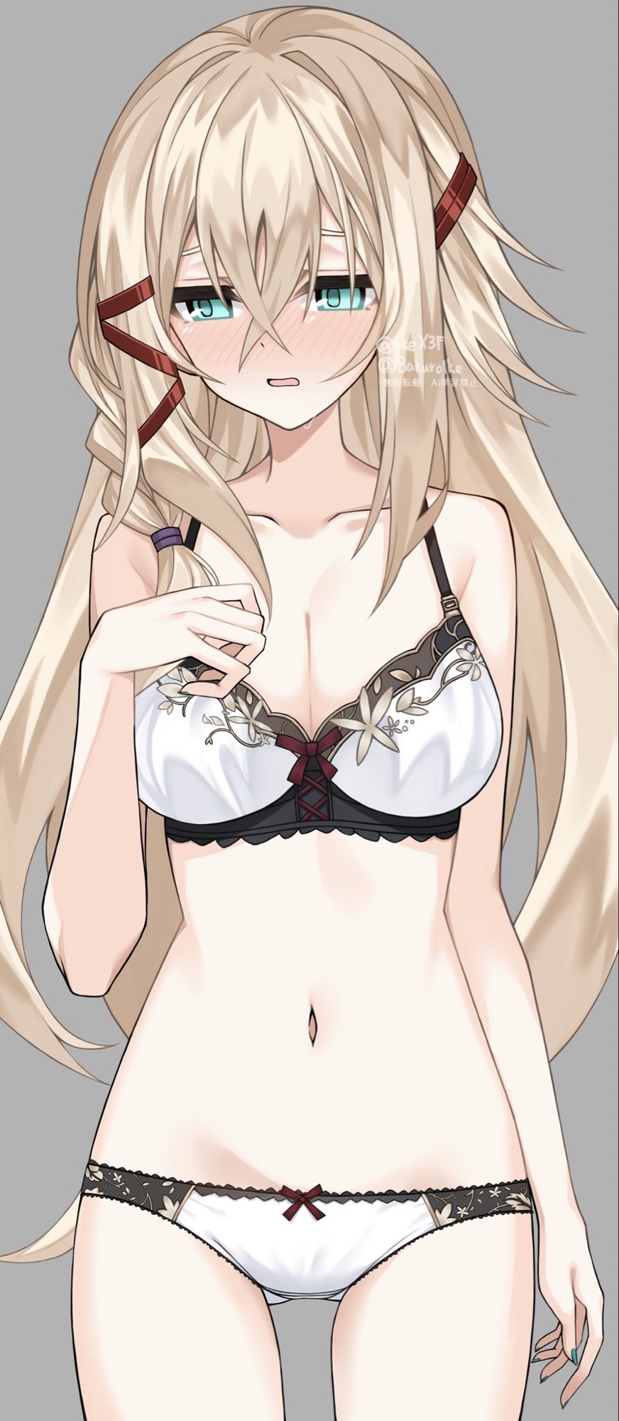original, commentary request, highres, 1girl, aqua eyes, averting eyes, blonde hair, blush, bra, breasts, cleavage, embarrassed, grey background, ikex3f, large breasts, long hair, looking to the side, nail polish, navel, open mouth, panties, solo, stomach, underwear, underwear only, white bra, white panties