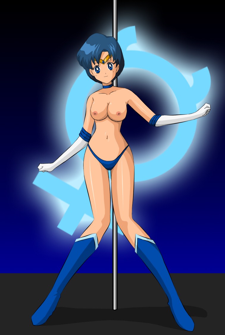 mizuno ami, sailor mercury, bishoujo senshi sailor moon, 1990s (style), breasts, choker, pole, retro artstyle, smile, stripper, stripper pole, thong, tiara
