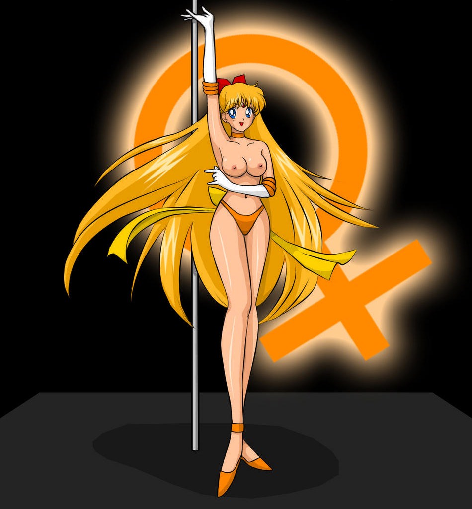 aino minako, sailor venus, bishoujo senshi sailor moon, 1990s (style), breasts, choker, elbow gloves, gloves, pole, retro artstyle, smile, stripper, stripper pole, thong
