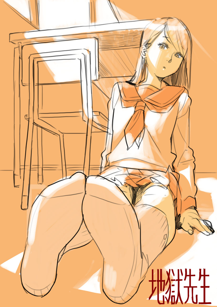 mama (mama hiro), original, bad id, bad pixiv id, 1girl, classroom, desk, feet, female focus, foot focus, long hair, school, school desk, school uniform, sitting, sketch, skirt, socks, solo, sunset