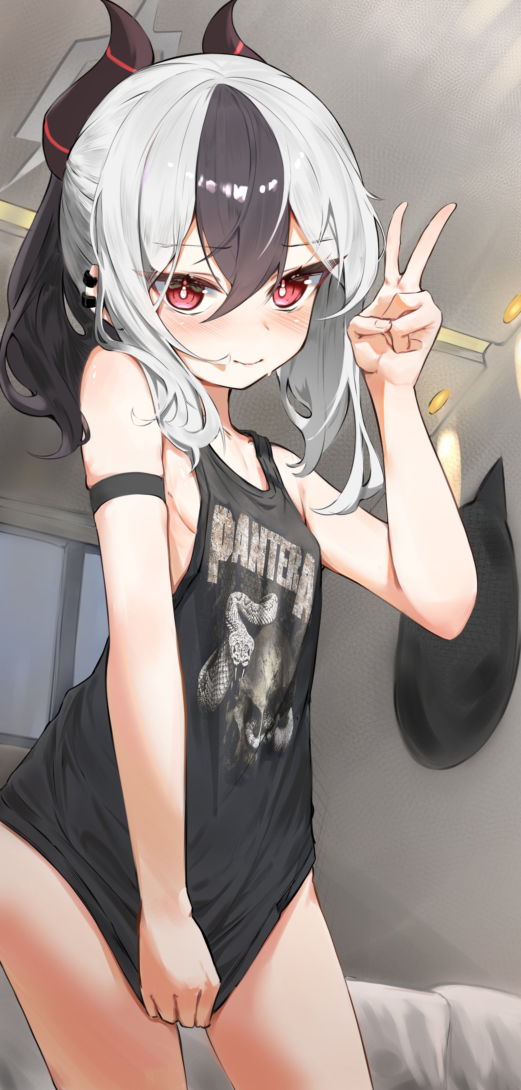 cheeckae, kayoko (blue archive), blue archive, pantera (band), absurdres, commentary, commission, highres, 1girl, arm strap, band shirt, black hair, black horns, black tank top, bottomless, breasts, bright pupils, closed mouth, cowboy shot, demon horns, earclip, grey halo, halo, hand up, horns, indoors, long hair, merchandise, multicolored hair, naked shirt, ponytail, pulling own clothes, red eyes, shirt, small breasts, smile, solo, tank top, two-tone hair, v, white hair, white pupils, window