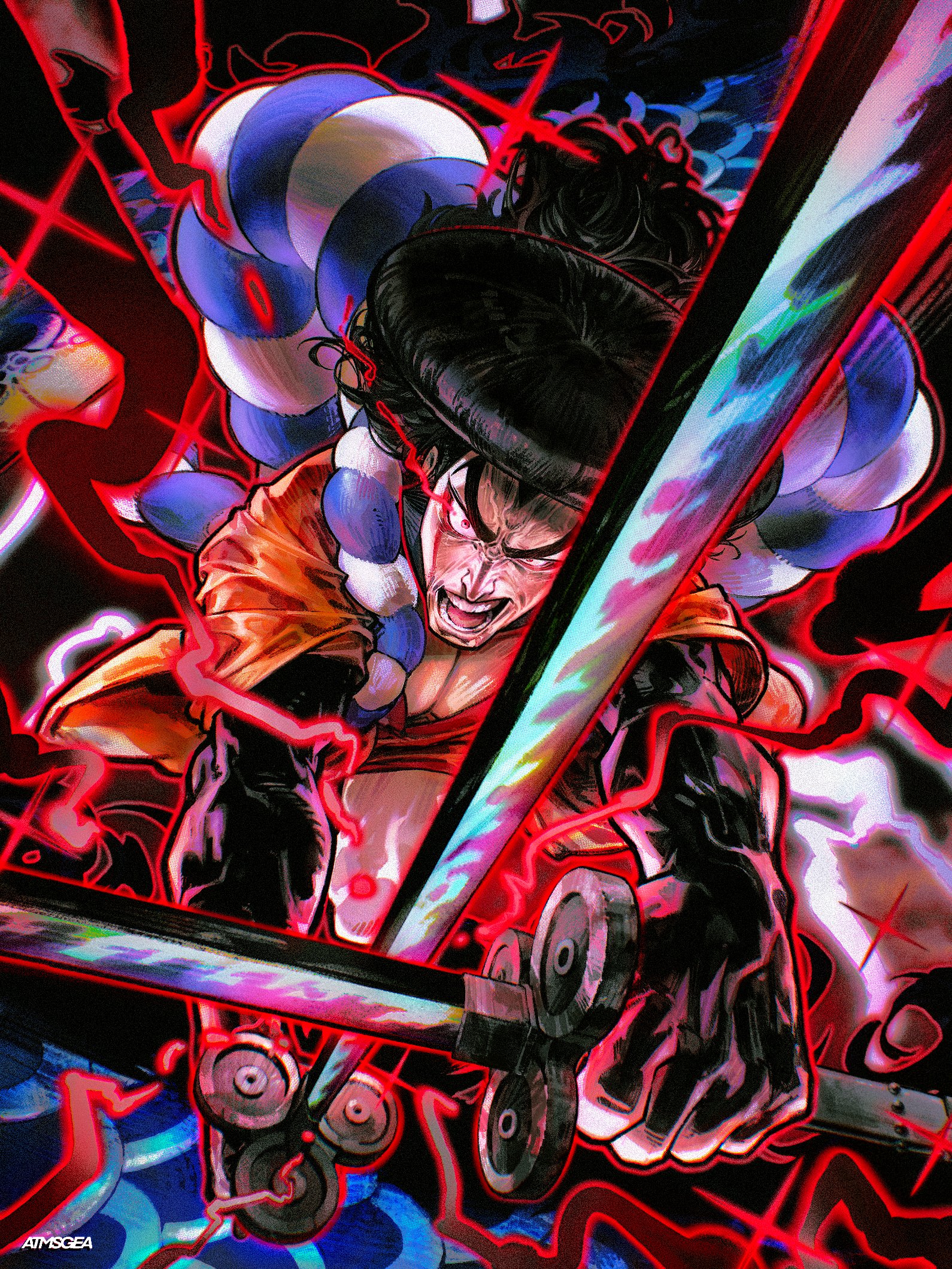 atmosgear, kouzuki oden, one piece, commentary request, highres, 1boy, black hair, crossed swords, dual wielding, electricity, eye trail, fighting stance, frown, haki (one piece), holding, holding weapon, huge eyebrows, japanese clothes, kimono, light trail, long hair, looking at viewer, male focus, muscular, muscular male, open mouth, pectoral cleavage, pectorals, serious, solo, sword, sword in front of face, teeth, uneven eyes, veiny face, weapon