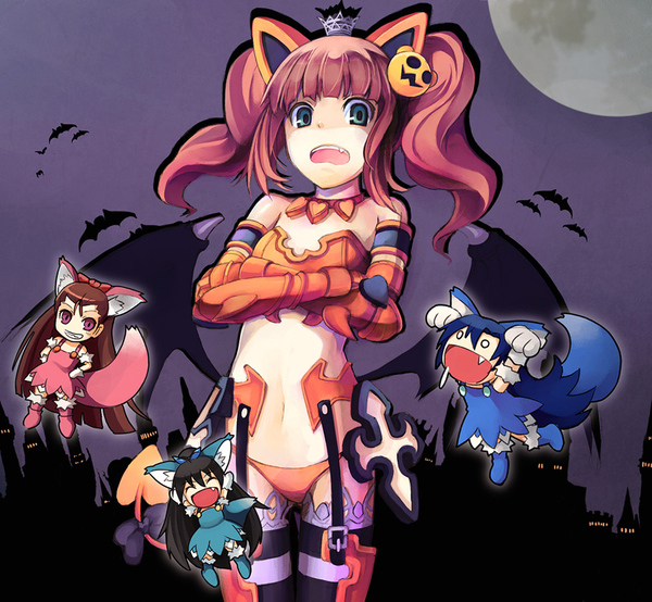 pos (shiratama-ya), ganaha hibiki, kisaragi chihaya, minase iori, takatsuki yayoi, idolmaster, idolmaster (classic), 00s, 4girls, animal ears, cat ears, food-themed hair ornament, hair ornament, halloween, multiple girls, pumpkin hair ornament
