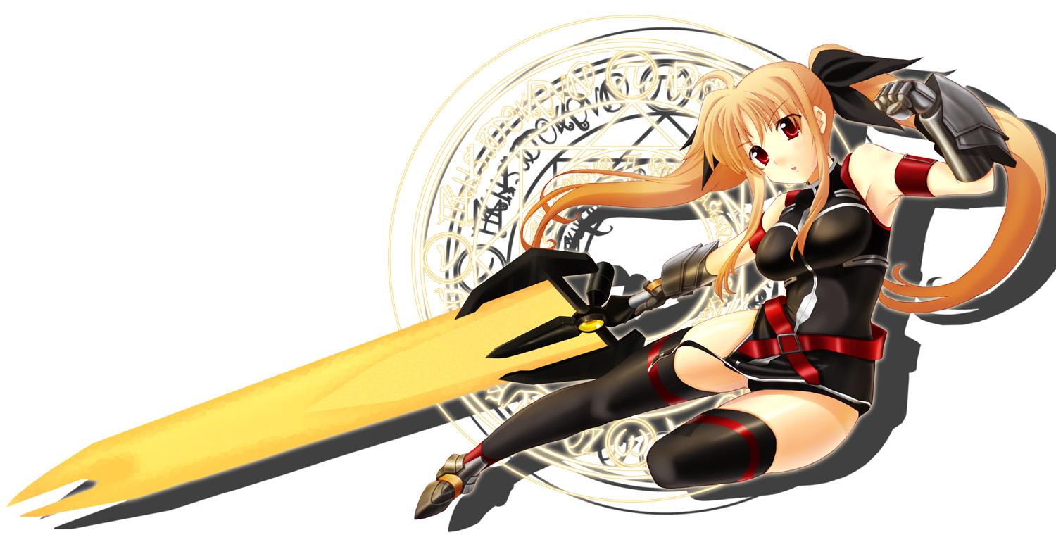 iga tamaki, bardiche (nanoha), bardiche (zanber form) (nanoha), fate testarossa, fate testarossa (true sonic form), lyrical nanoha, mahou shoujo lyrical nanoha, mahou shoujo lyrical nanoha strikers, 00s, blonde hair, energy sword, gauntlets, huge weapon, long hair, magic circle, red eyes, solo, sword, thighhighs, twintails, weapon