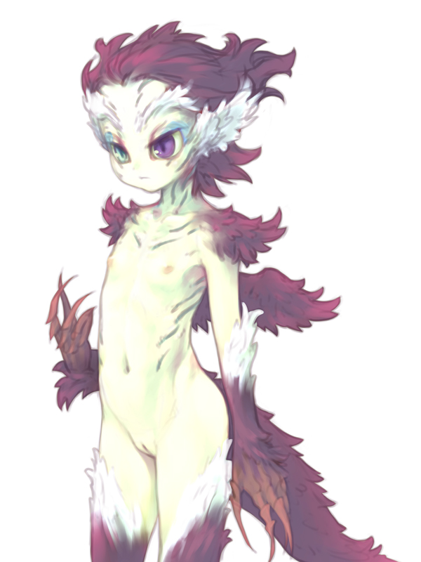 mizuki kotora, 1girl, claws, female focus, flat chest, green eyes, heterochromia, loli, monster girl, nipples, nude, purple eyes, pussy, scales, scar, simple background, solo