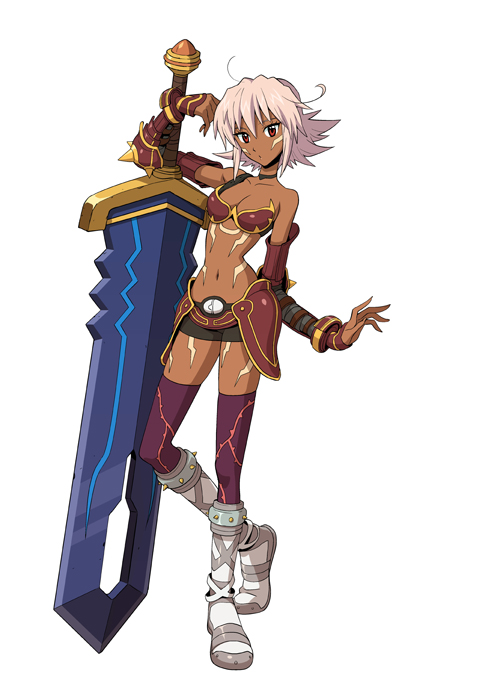 black rose (.hack//), .hack//, .hack//games, .hack//link, bandai, cyber connect 2, official art, 1girl, armor, bare shoulders, breasts, choker, dark-skinned female, dark skin, female focus, gauntlets, huge weapon, midriff, navel, pink hair, red eyes, short hair, skirt, solo, sword, tattoo, thighhighs, weapon