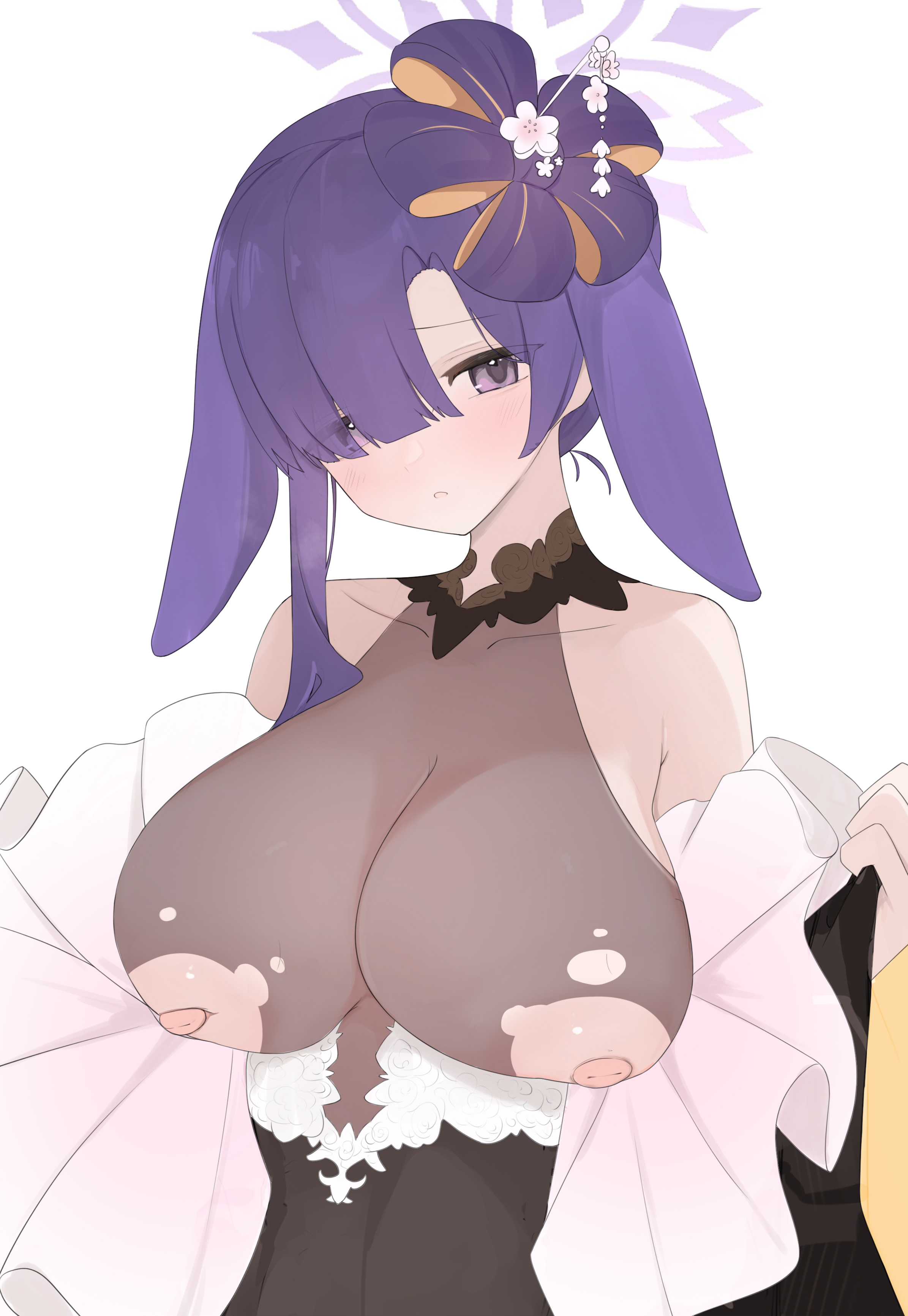 gu meng yin, tsukuyo (blue archive), tsukuyo (dress) (blue archive), blue archive, absurdres, chinese commentary, commentary request, highres, 1girl, animal ears, breasts, hair ornament, hair over one eye, halo, huge breasts, looking at viewer, nipples, purple eyes, purple hair, rabbit ears, see-through clothes, simple background, solo, white background