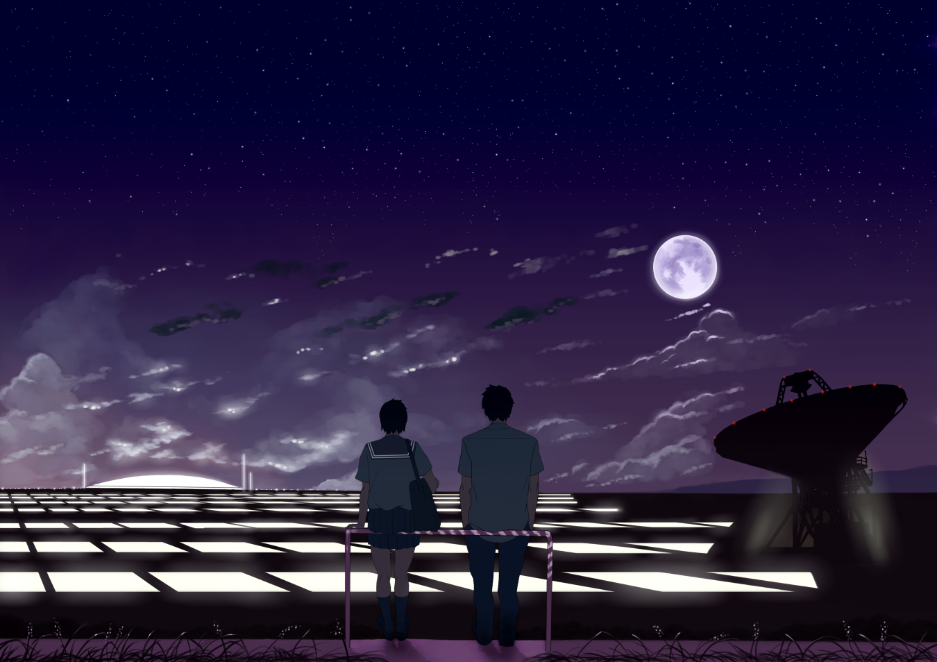 shiira, original, bad id, bad pixiv id, 1boy, 1girl, bridge, cloud, couple, from behind, full moon, grass, hetero, moon, night, radio telescope, road, school uniform, sky, star (sky), starry sky, telescope