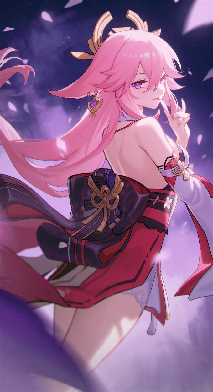 yae miko, genshin impact, artist request, highres, 1girl, animal ears, armpit crease, backless outfit, bare back, bare shoulders, breasts, crossed bangs, detached sleeves, earrings, eyelashes, falling petals, female focus, floating hair, floppy ears, fox ears, fox shadow puppet, from behind, hair between eyes, hair flaps, hair ornament, halterneck, hand up, japanese clothes, jewelry, kneepits, large breasts, legs, legs together, long hair, looking at viewer, looking back, low-tied long hair, no bra, nontraditional miko, obi, panties, panty peek, parted lips, pendant, petals, pink hair, purple eyes, sash, seductive smile, shoulder blades, sideboob, sidelocks, single earring, smile, smirk, smug, standing, thighs, underwear, very long hair, vision (genshin impact), wide sleeves
