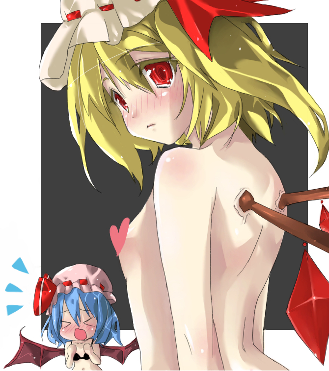 azunya!, flandre scarlet, remilia scarlet, touhou, bad id, bad pixiv id, > <, 2girls, blonde hair, blush, bra, censored, chibi, closed eyes, female focus, flat chest, hat, heart, lingerie, multiple girls, nude, purple hair, red eyes, ribbon, short hair, siblings, side ponytail, sisters, underwear, wings