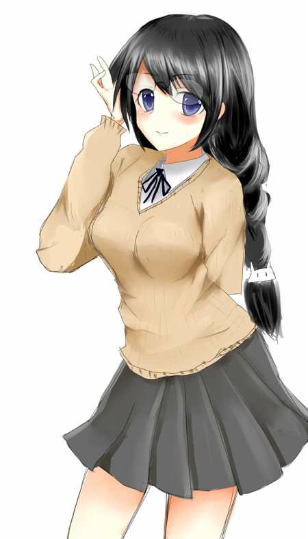 kokku kawasaki, hanekawa tsubasa, bakemonogatari, monogatari (series), nekomonogatari, 00s, 10s, 1girl, black hair, blue eyes, braid, female focus, glasses, hair ornament, school uniform, skirt, solo, sweater