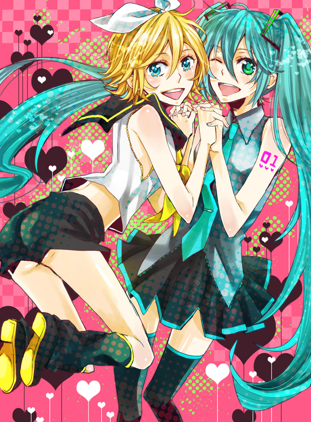 sei (hanibani), hatsune miku, kagamine rin, vocaloid, bad id, bad pixiv id, 2girls, aqua eyes, aqua hair, blonde hair, blush, hair ribbon, heart, heart background, legs, long hair, multiple girls, one eye closed, open mouth, ribbon, short hair, shorts, skirt, smile, thighhighs, twintails, very long hair, wink