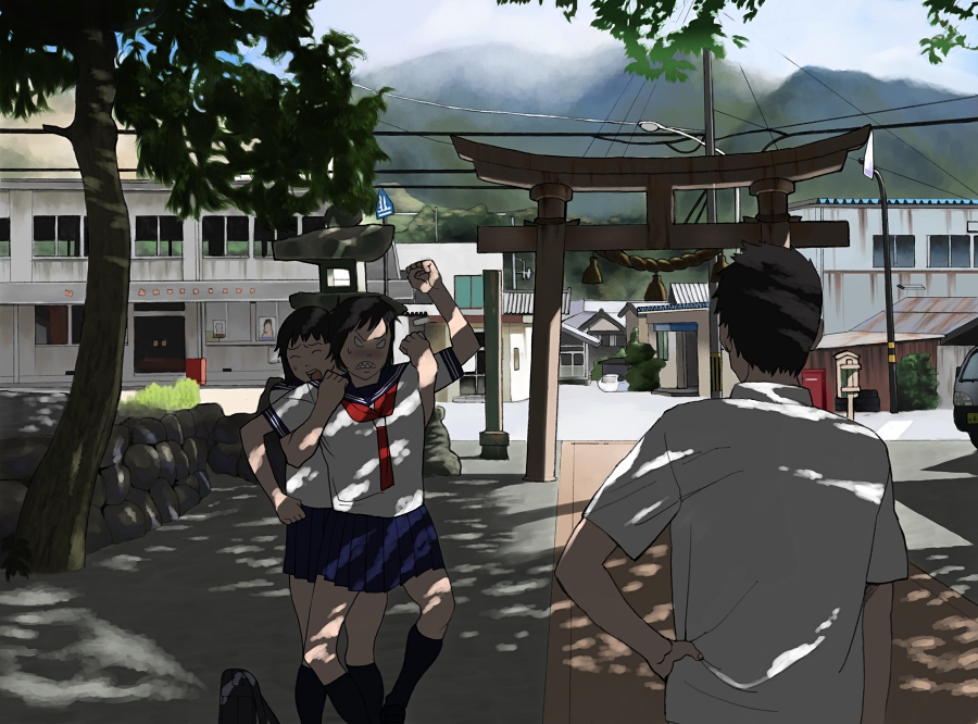 shiira, original, vehicle, bad id, bad pixiv id, 1boy, 2girls, angry, blush, building, dappled sunlight, grass, hand on own hip, kneehighs, motor vehicle, mountain, multiple girls, power lines, road, rope, school, school uniform, shade, sharp teeth, shimenawa, sign, socks, street, sunlight, teeth, torii, tree, tree shade, van