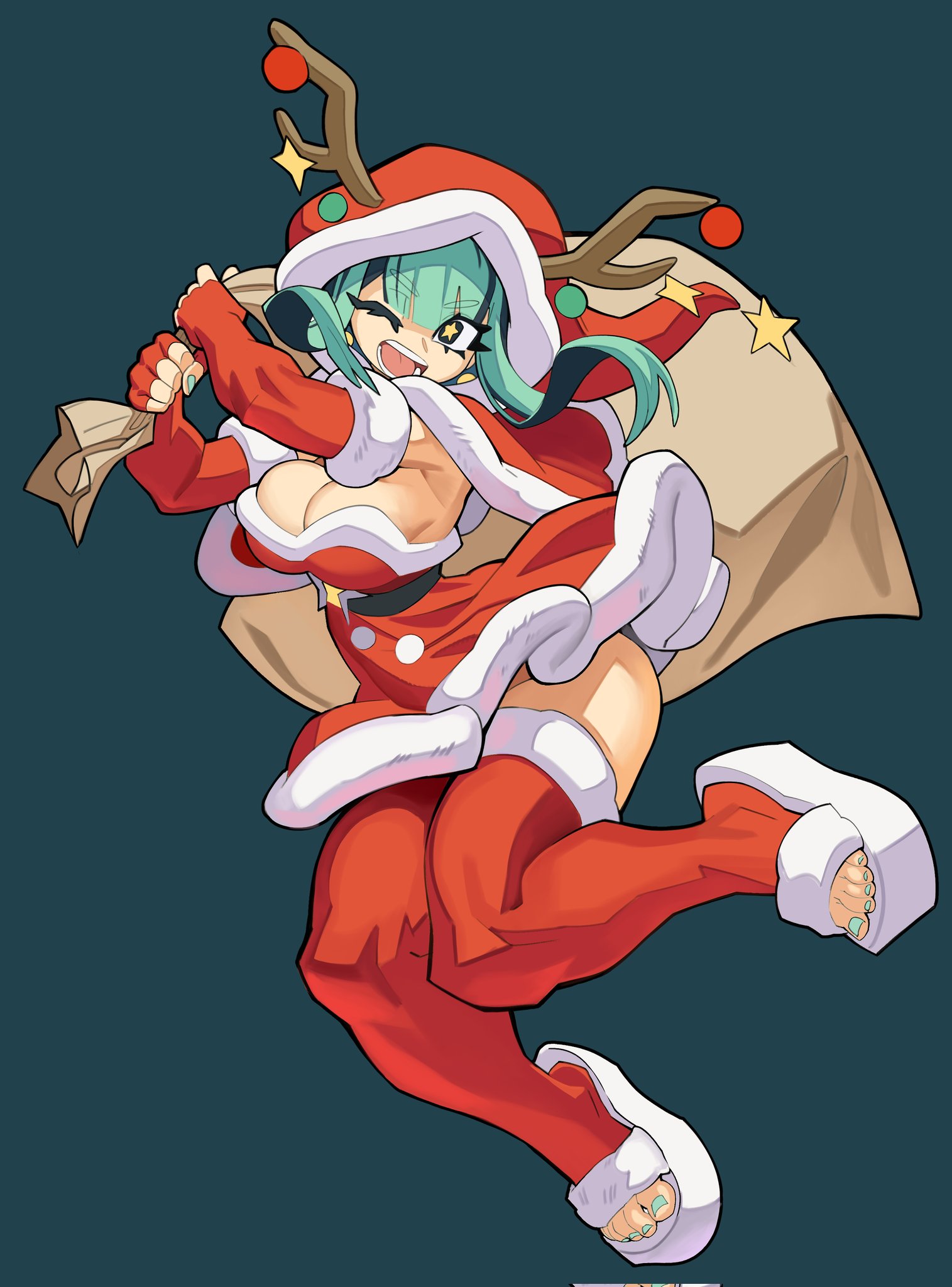 nezo, original, commentary, english commentary, highres, antlers, bag, belt, breasts, christmas, cleavage, detached sleeves, dress, fur-trimmed legwear, fur-trimmed sleeves, fur trim, green hair, hat, holding, holding bag, horns, large breasts, leggings, nova (exnezo), open mouth, red dress, santa hat, star-shaped pupils, star (symbol), symbol-shaped pupils