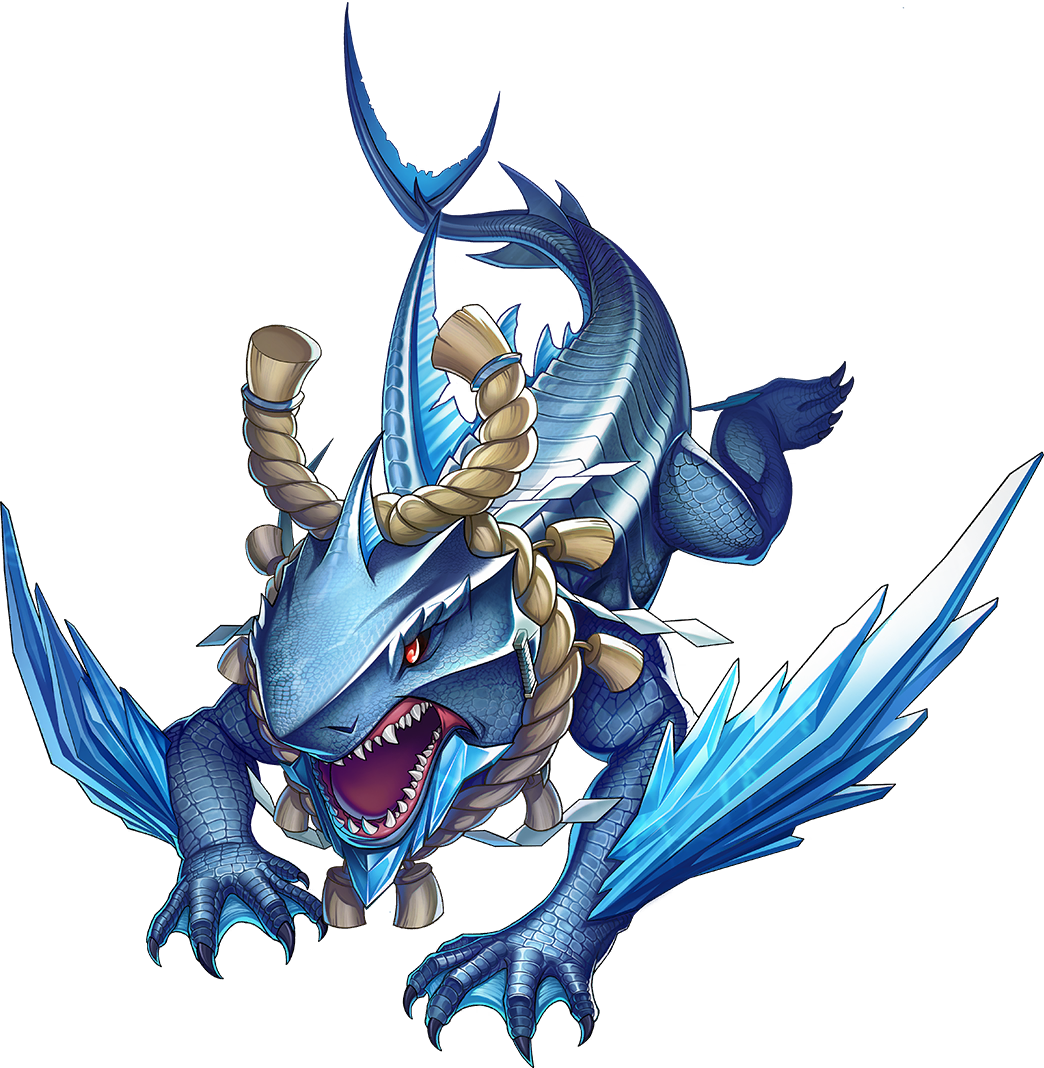 persona, persona 5, persona 5: the phantom x, artist request, official art, third-party source, blue scales, dragon, no humans, open mouth, persona (summon), red eyes, rope, rope around neck, sahimochi-no-kami (persona), sharp teeth, shimenawa, solo, sword, tail, teeth, transparent background, weapon