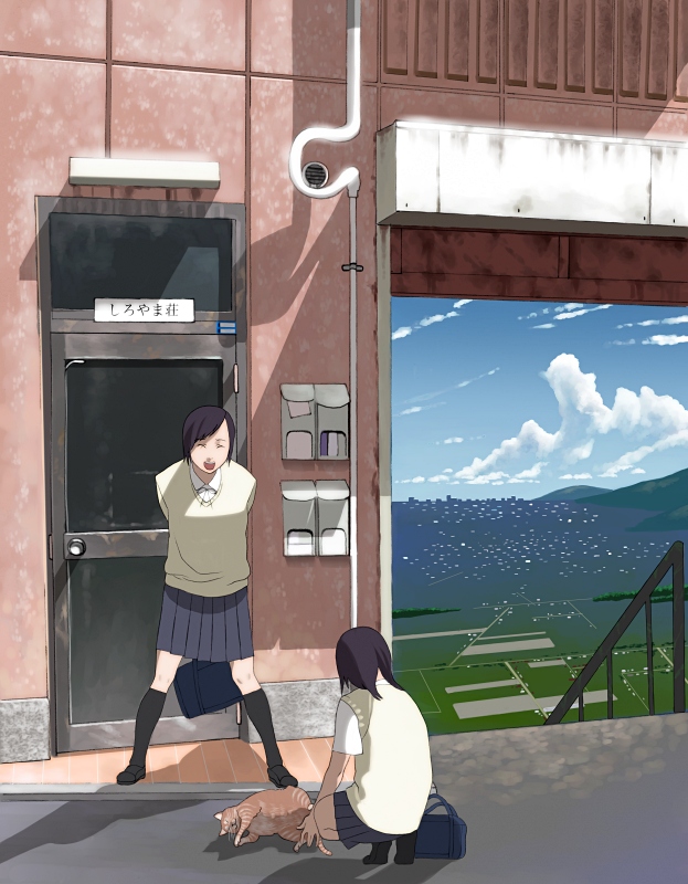 shiira, bad id, bad pixiv id, 2girls, bag, building, cat, cloud, day, door, grass, multiple girls, railing, rails, school uniform, shadow, sky, smile, thighhighs