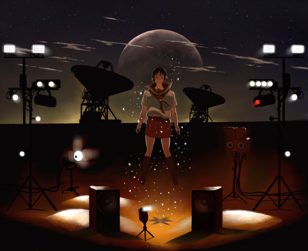 shiira, original, light, lights, bad id, bad pixiv id, 1girl, cloud, female focus, glowing, moon, radio telescope, shadow, sky, solo, speaker, star (sky), star (symbol), starry sky