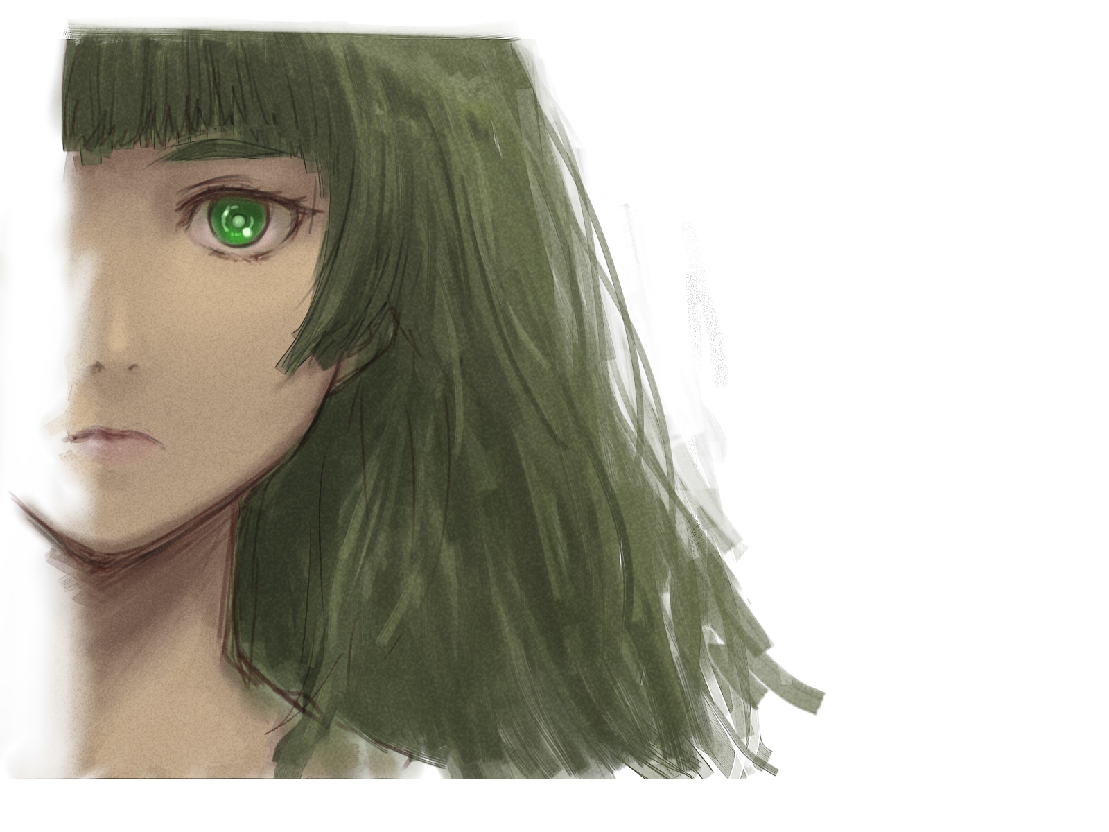 menomorute, hiyajou maho, science adventure, steins;gate, steins;gate 0, commentary request, highres, 1girl, blunt bangs, collarbone, green eyes, green hair, long hair, messy hair, monochrome, portrait, realistic, simple background, solo, upper body, very long hair, white background