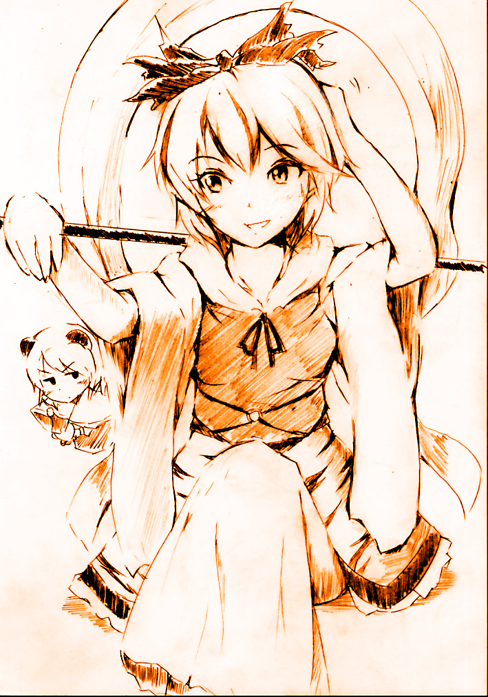 vent arbre, nazrin, toramaru shou, touhou, 2girls, animal ears, female focus, monochrome, mouse ears, multiple girls, orange theme, polearm, scratching head, shawl, short hair, sketch, weapon