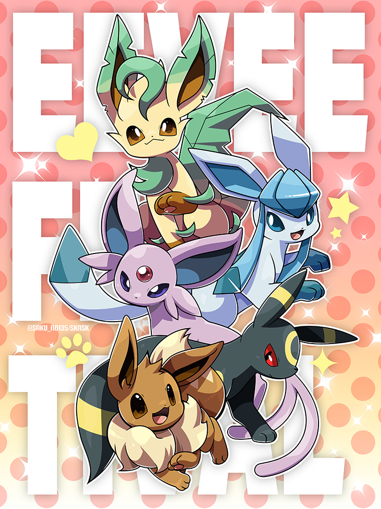 kumano sakunosuke, eevee, espeon, glaceon, leafeon, umbreon, nintendo, pokemon, commentary request, blue eyes, brown eyes, evolutionary line, full body, gen 1 pokemon, gen 2 pokemon, gen 4 pokemon, heart, no humans, open mouth, pokemon (creature), purple eyes, red eyes, sparkle, star (symbol)