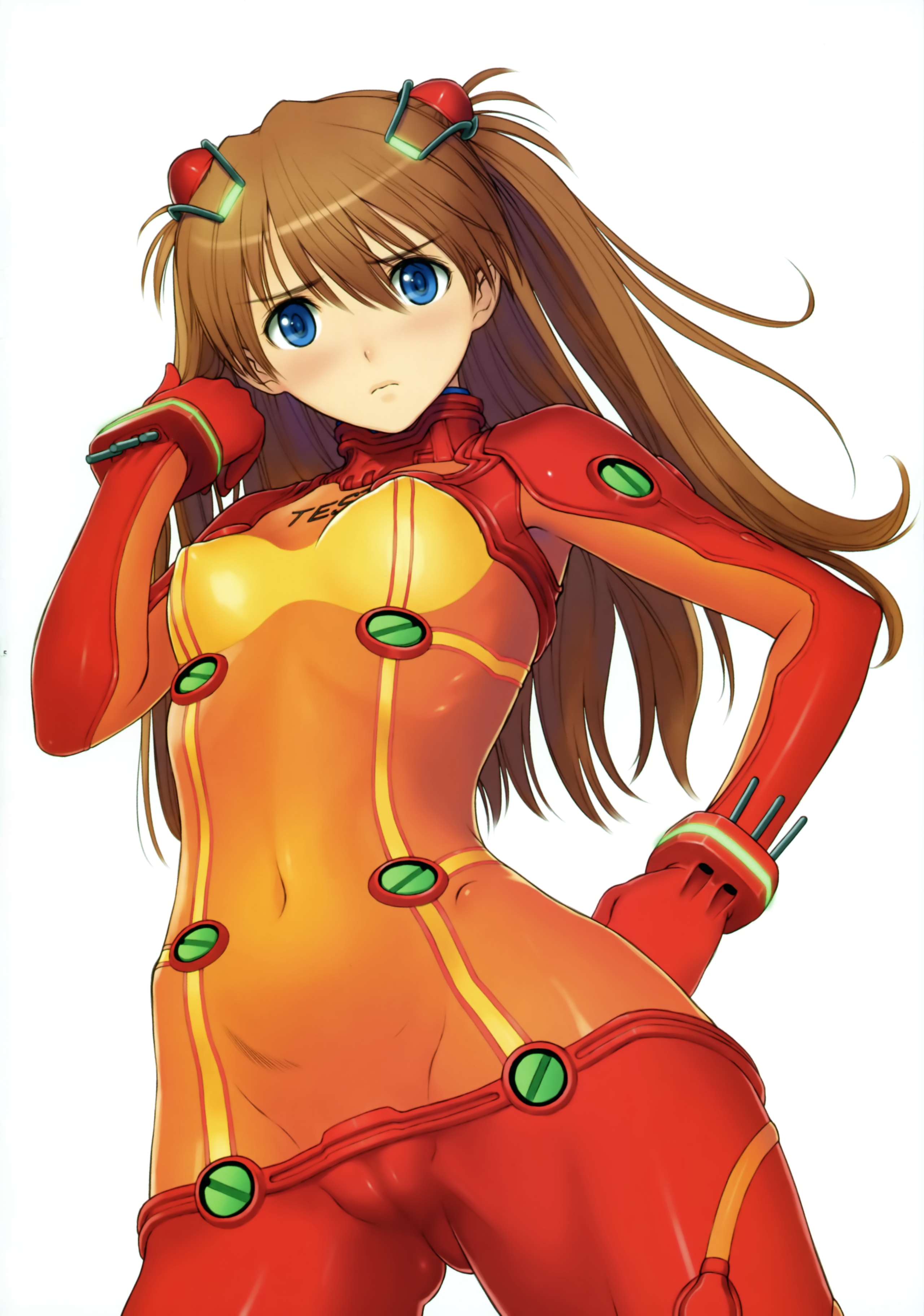 tony taka, souryuu asuka langley, evangelion: 2.0 you can (not) advance, neon genesis evangelion, rebuild of evangelion, absurdres, highres, scan, 00s, 1girl, adjusting hair, armpits, blue eyes, blush, bodysuit, bracer, breasts, brown hair, cameltoe, clothes writing, covered erect nipples, covered navel, cowboy shot, english text, female focus, from below, frown, gloves, glowing, groin, hair between eyes, hair ornament, hairpods, hand on own hip, hip bones, hip focus, interface headset (evangelion), long hair, looking at viewer, mecha pilot suit, neon trim, no panties, plugsuit (evangelion), sad, see-through clothes, simple background, skin tight, small breasts, solo, test plugsuit (evangelion), turtleneck