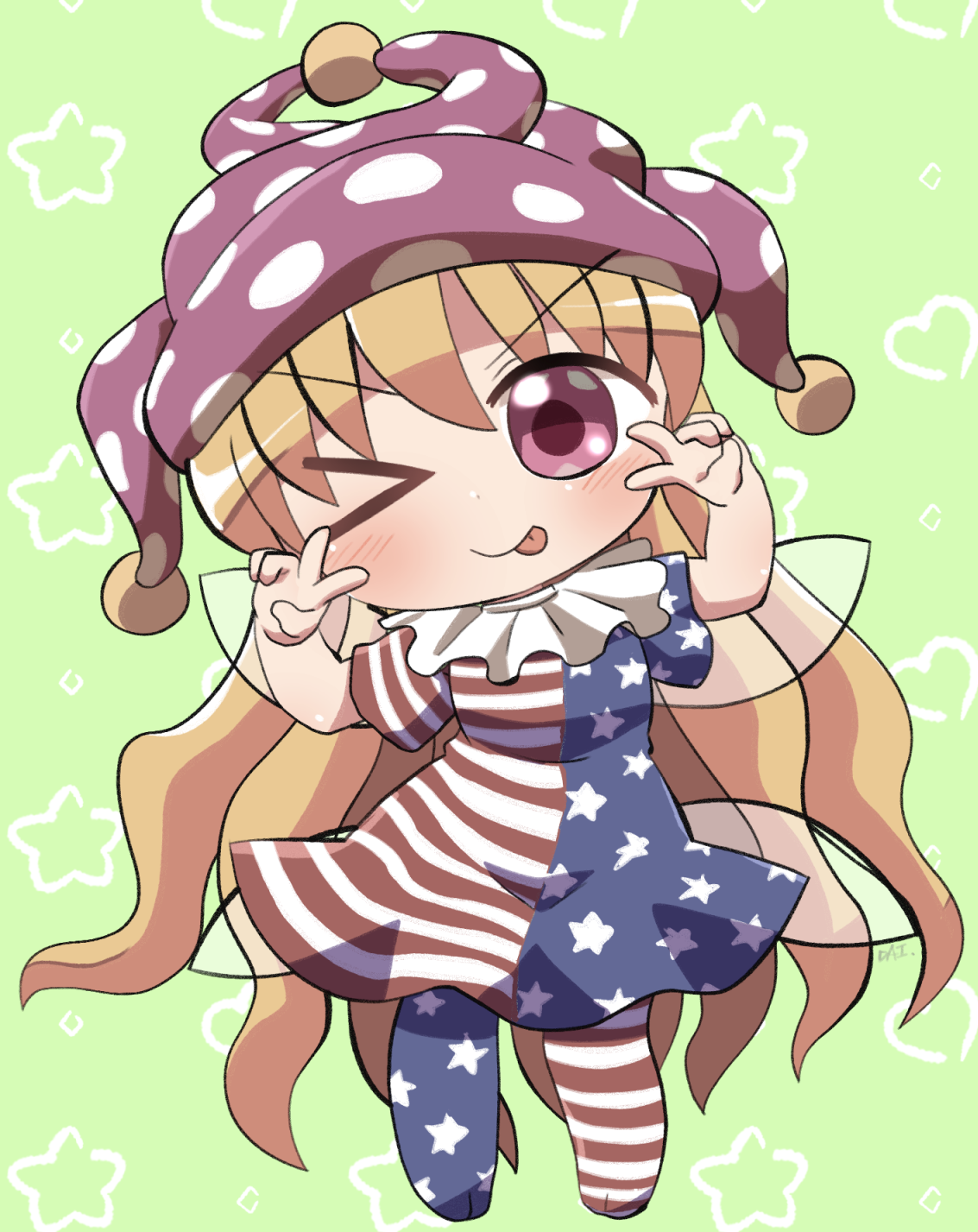 rokugou daisuke, clownpiece, touhou, commentary request, highres, > o, 1girl, ;q, american flag dress, american flag legwear, blonde hair, blue dress, blush, chibi, chibi only, closed mouth, double v, dress, fairy wings, full body, green background, hands up, hat, jester cap, long hair, looking at viewer, neck ruff, no shoes, one eye closed, pantyhose, pink eyes, polka dot headwear, print dress, purple hat, red dress, short sleeves, signature, smile, solo, standing, star (symbol), star print, striped clothes, striped dress, striped pantyhose, tongue, tongue out, v, v-shaped eyebrows, wings