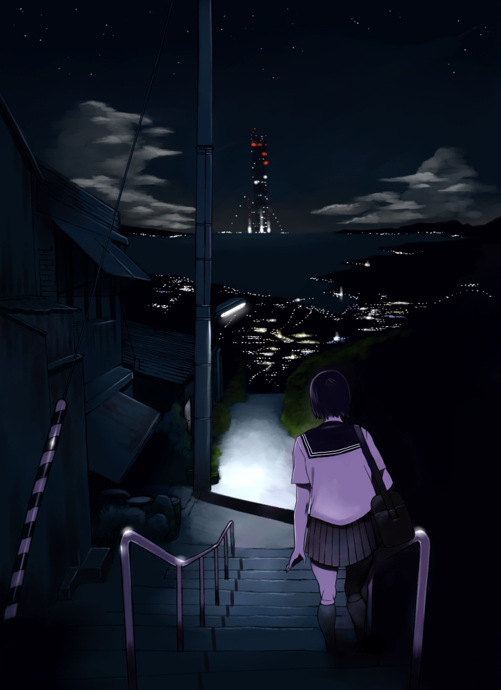 shiira, original, lights, bad id, bad pixiv id, 1girl, bag, black hair, city, cityscape, cloud, dark, female focus, night, ocean, power lines, railing, rails, scenery, school uniform, shoulder bag, sky, solo, stairs, star (sky), star (symbol), starry sky, tower, water