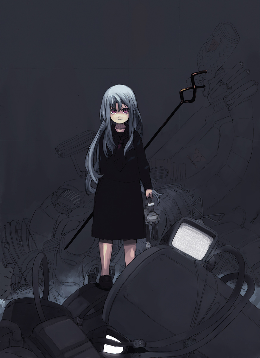 asano, asano (asano4124), highres, 1girl, antennae, blue hair, broken, cable, dark, female focus, long hair, purple eyes, school uniform, shadow, solo, staff, television