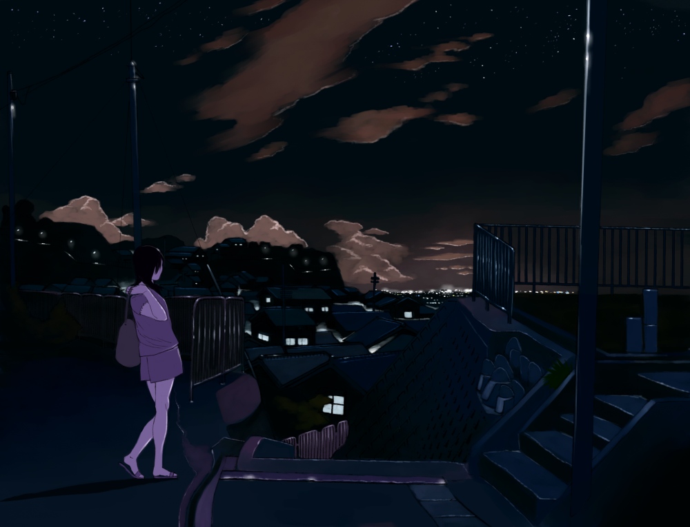 shiira, original, light, lights, bad id, bad pixiv id, bag, city, cityscape, cloud, dark, railing, rails, shoulder bag, sky, solo