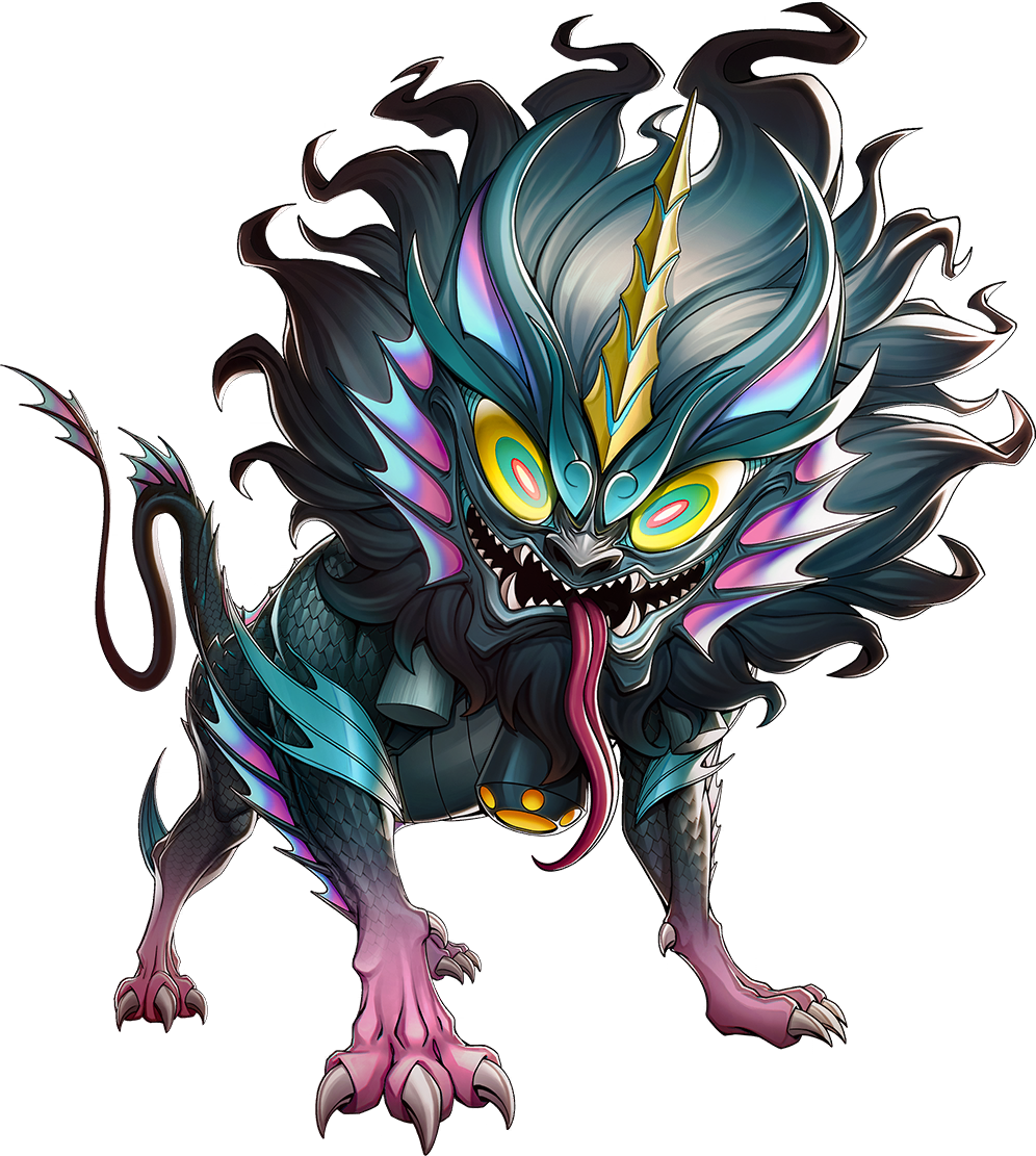 persona, persona 5, persona 5: the phantom x, artist request, official art, third-party source, aqua eyes, colored sclera, horns, nian (persona), no humans, open mouth, persona (summon), red pupils, scales, sharp teeth, single horn, solo, tail, teeth, tongue, tongue out, transparent background, yellow sclera