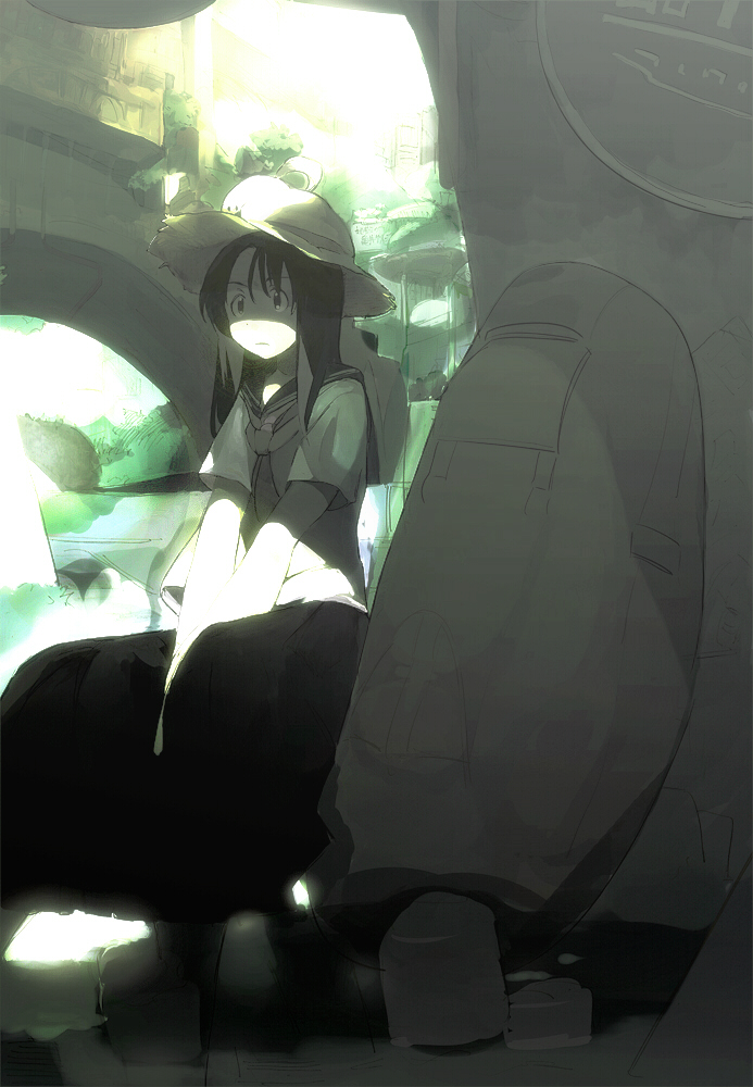 asano, asano (asano4124), 1girl, black hair, day, female focus, frown, hat, outdoors, own hands together, plant, school uniform, shadow, sitting, solo