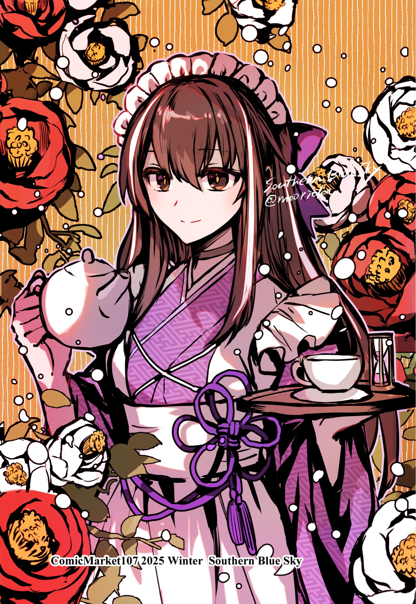 rioka (southern blue sky), kawakami gensai (fate), kawakami gensai (second ascension) (fate), fate/grand order, fate (series), commentary request, highres, 1girl, apron, black hair, blue kimono, bow, breasts, brown eyes, cup, floral background, hair bow, japanese clothes, kimono, long hair, long sleeves, looking at viewer, maid headdress, medium breasts, multicolored hair, sidelocks, smile, solo, streaked hair, teacup, teapot, tray, white apron, white hair, wide sleeves