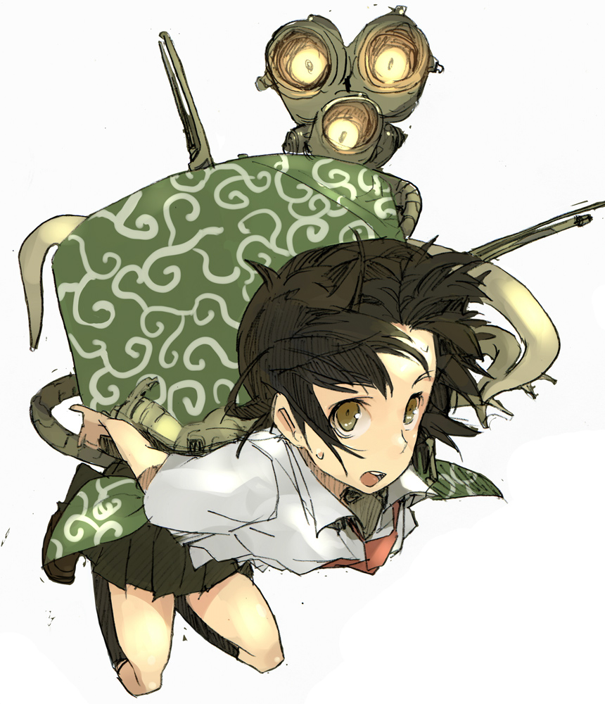 asano, asano (asano4124), original, 1girl, black hair, carrying, female focus, foreshortening, kneehighs, school uniform, simple background, skirt, socks, solo