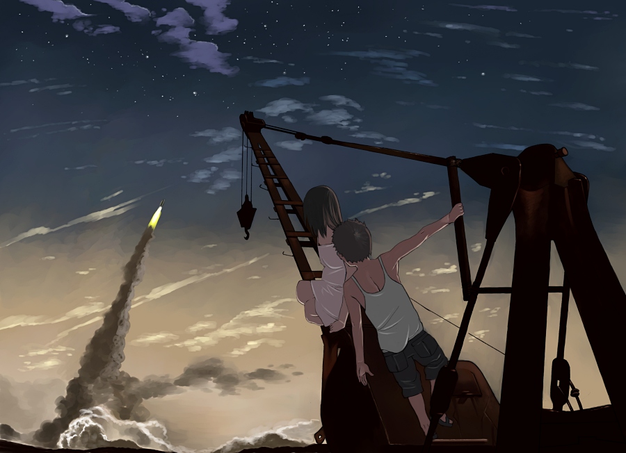 shiira, original, bad id, bad pixiv id, 1boy, 1girl, black hair, chemise, child, cloud, contrail, crane (machine), explosion, from behind, liftoff, night, rocket, sky, smoke, star (sky), star (symbol), starry sky, twilight