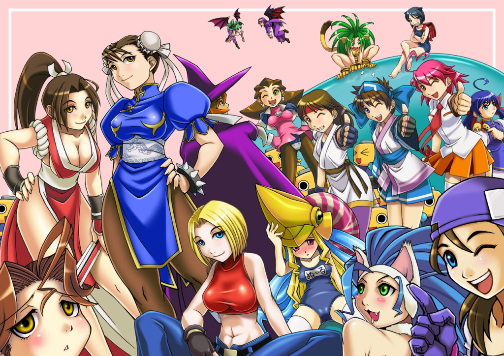 bontenmaru, aino heart, anita (darkstalkers), blue mary, cham cham, chun-li, clarice di lanza, daidouji kira, felicia (darkstalkers), morrigan aensland, nool, rimururu, shiranui mai, tabasa, tron bonne (mega man), yuri sakazaki, aq interactive, arcana heart, atlus, capcom, darkstalkers, examu, m.u.g.e.n, mega man (series), mega man legends (series), samurai spirits, snk, street fighter, the king of fighters, warzard, 6+girls, blue eyes, blush, crossover, everyone, midnight bliss, multiple girls, one eye closed, smile, thumbs up, wink