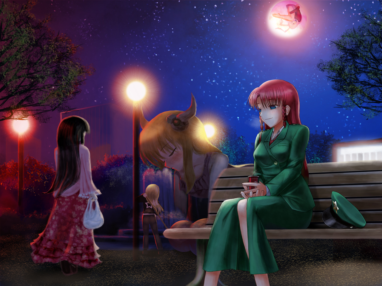 niwatori takeshi, hong meiling, houraisan kaguya, ibuki suika, kirisame marisa, reisen udongein inaba, touhou, 5girls, animal ears, black hair, blonde hair, blue eyes, braid, breasts, female focus, giant, giantess, hat, horns, long hair, moon, multiple girls, nature, outdoors, plant, purple hair, rabbit ears, red hair, skirt, sky, twin braids