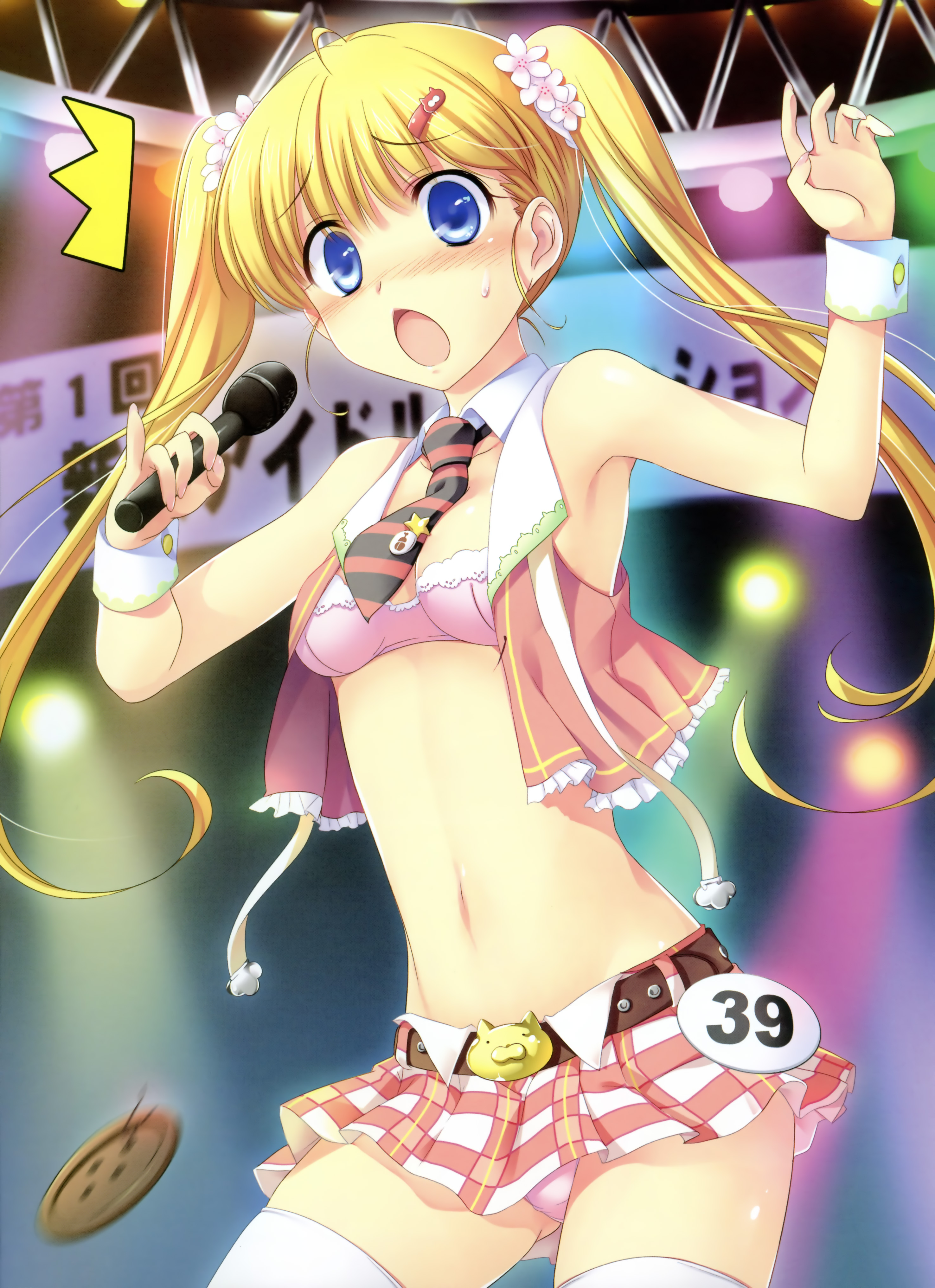 ffc, dengeki moeoh, absurdres, highres, 1girl, ^^^, belt, between breasts, blonde hair, blue eyes, blush, bra, breasts, chestnut mouth, female focus, fingernails, flower, hair flower, hair ornament, hairclip, lingerie, microphone, midriff, miniskirt, navel, necktie, open clothes, open mouth, open shirt, panties, pantyshot, pink bra, pink panties, pinky out, shirt, skirt, solo, surprised, sweatdrop, thighhighs, twintails, underwear, upskirt, wardrobe malfunction, white thighhighs, wrist cuffs, zettai ryouiki