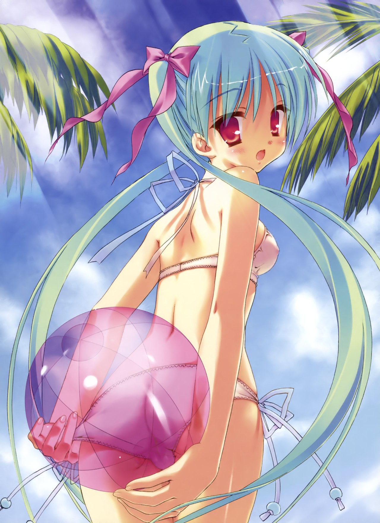 kobuichi, highres, source request, 1girl, adjusting clothes, adjusting swimsuit, arms behind back, ass, back, ball, bare shoulders, beachball, bikini, blush, bow, breasts, covered erect nipples, day, female focus, from behind, green hair, hair bow, light rays, long hair, looking back, open mouth, red eyes, side-tie bikini bottom, small breasts, solo, sunbeam, sunlight, swimsuit, trefoil, twintails, very long hair