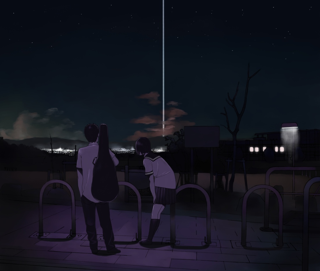 shiira, original, bad id, bad pixiv id, 1boy, 1girl, city, cityscape, cloud, couple, dark, hetero, instrument, night, scenery, school uniform, sky, star (sky), star (symbol), starry sky, tree