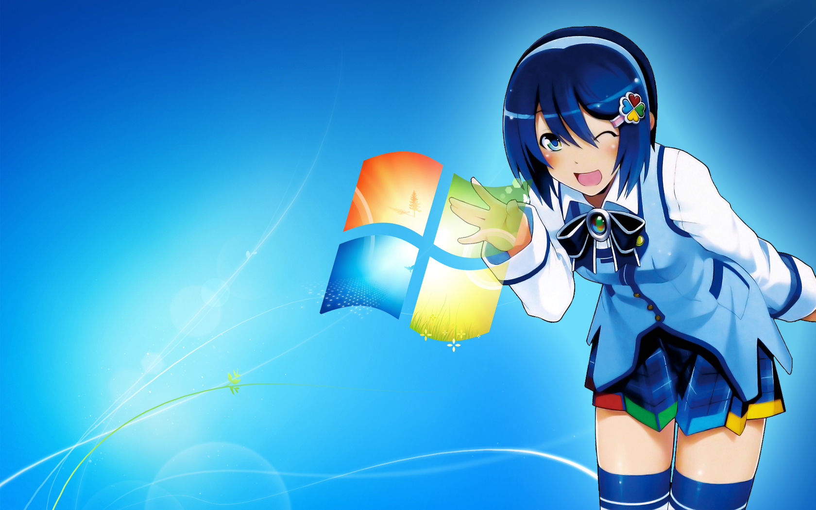 wakaba sprout, 7-tan, madobe nanami, microsoft windows, os-tan, windows 7, highres, third-party edit, 1girl, blue eyes, blue hair, female focus, hair ornament, hairband, hairclip, matching hair/eyes, one eye closed, open mouth, short hair, skirt, smile, solo, thighhighs, wink, zettai ryouiki