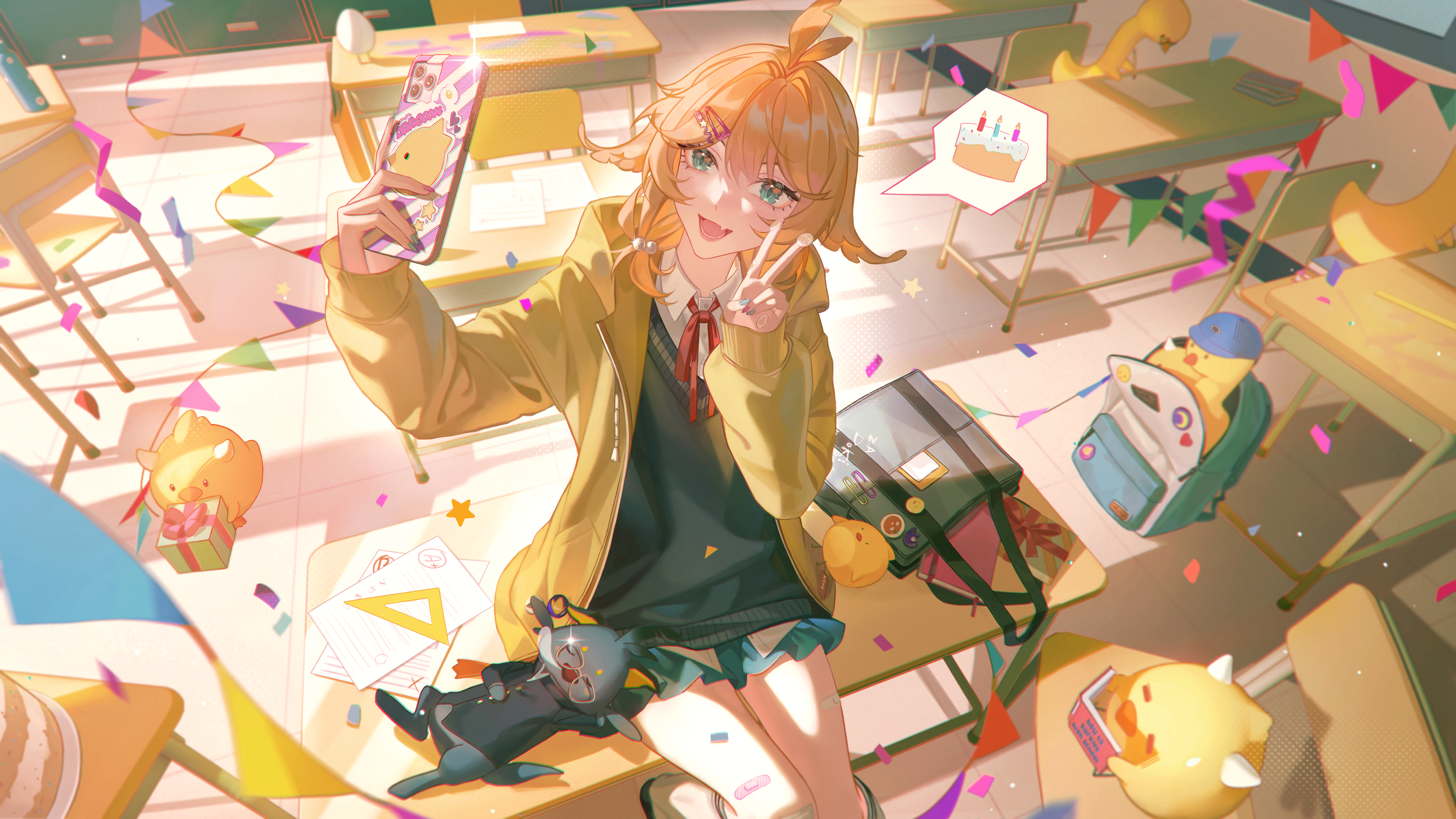 xiisalt, doki amber doge (dokibird), dokibird, dragoon (dokibird), indie virtual youtuber, absurdres, commentary, english commentary, highres, official art, 1girl, :d, backpack, bag, bandaid, bandaid on leg, blonde hair, blue eyes, blue skirt, blue sweater vest, book, bow, cake, classroom, collared shirt, confetti, desk, dokibird (school uniform), fang, feather hair, food, gift, hair ornament, hair wings, holding, holding book, holding phone, hood, hoodie, jozceli, long sleeves, miniskirt, notebook, on desk, open mouth, paper, phone, reading, selfie, set square, shirt, sitting, skin fang, skirt, smile, solo, speech bubble, string of flags, sweater vest, v, virtual youtuber, white shirt, yellow hoodie